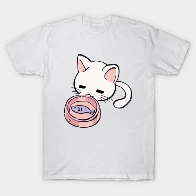 I draw lucky star white cat eating fish T-Shirt by mudwizard